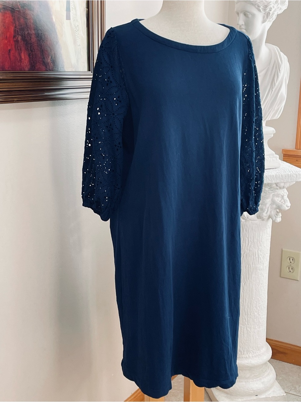 J. Jill Navy Cotton Midi Dress with Eyelet 3/4 Length Sleeves Beautiful for Fall